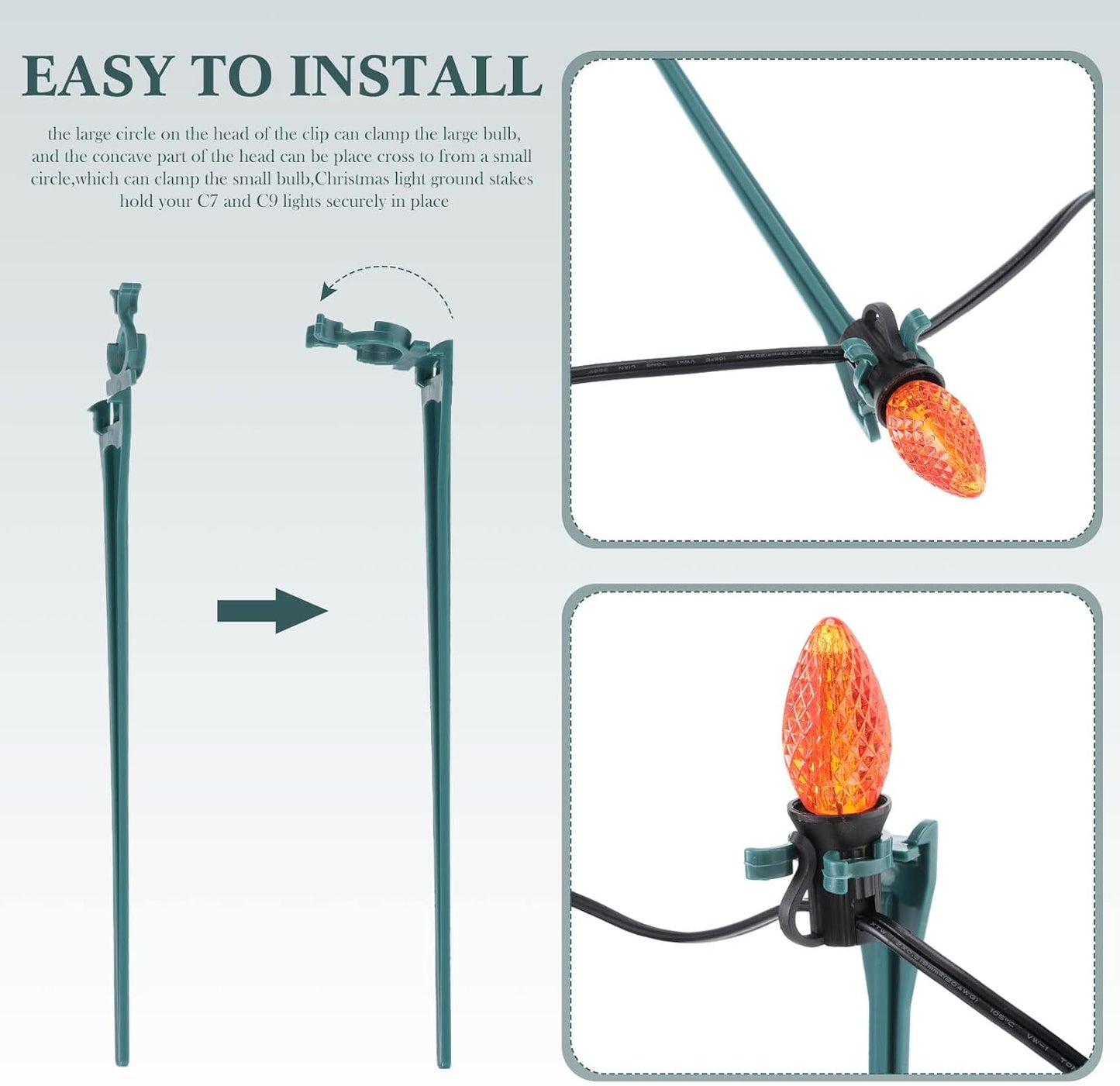 Jetec 200 Pieces Christmas Light Stakes Universal Yard Lawn Holiday 7.5 Inches Light Ground Stakes for C7 C9 String Lights Christmas Outdoor Lights Holders on Yards, Driveways (Green)