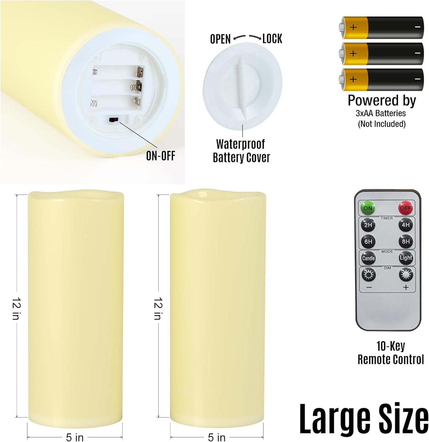 12" x 5" Ivory Large Waterproof Outdoor Flameless Candles Battery Operated LED Flickering Pillar Candles with Remote and Timer for Indoor Outdoor Lanterns, Long Lasting, Set of 2