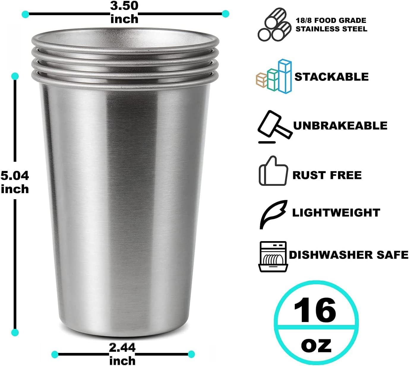 12 Pack 16oz Stainless Steel Pint Cup,Healthy Unbreakable and Stackable,Metal Drinking Glasses，Beer Glasses