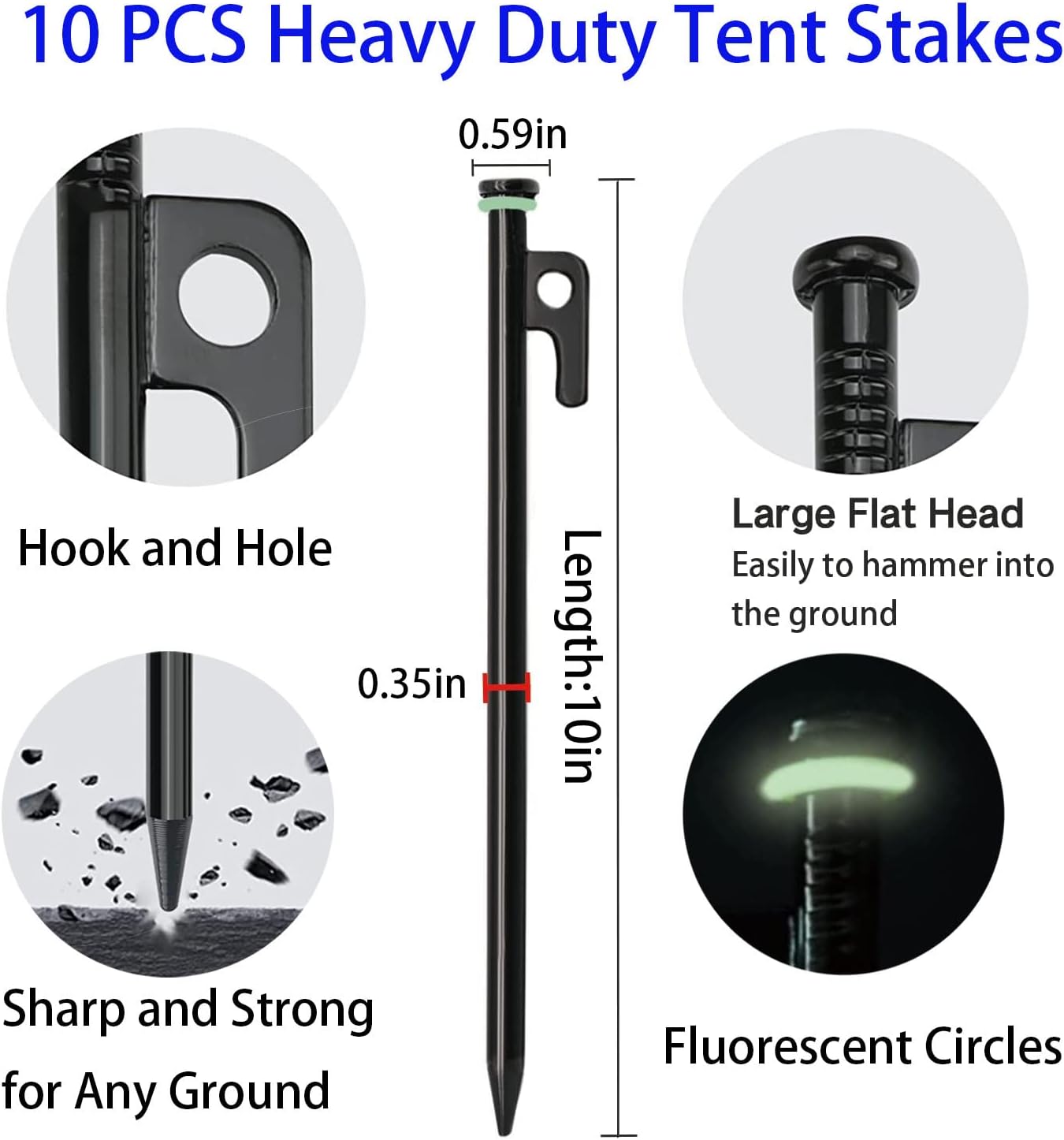 10 Pcs Heavy Duty Tent Stakes and Camping Hammer Set,10in Metal Tent Stake for Lawn,Ground and Beach,Camping Tent Kit with Tent Stakes,Hammer, Reflective Rope,Tent Clamps and Storage Bag