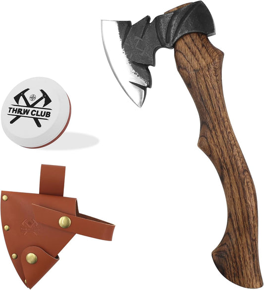 14.7" Hatchet, Camping Hatchets with 1065 Carbon Steel & Wooden Handle, Bushcraft Hatchet with Leather Sheath and Sharpener, Survival Axe for Wood Chopping, Cutting and Splitting