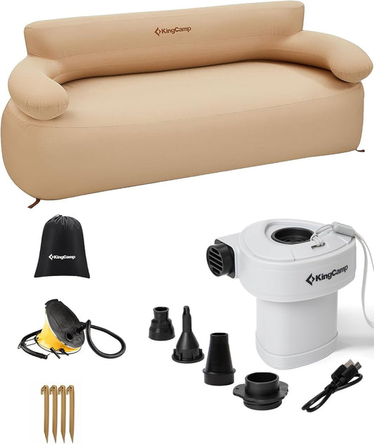 KingCamp Double Inflatable Couch with Electric Air Pump, 2-Person Camping Sofa with Eco PVC Liner, Footrest, Pegs, Repair Kit & Quick-Fill Pump for Outdoor, Tent, Travel