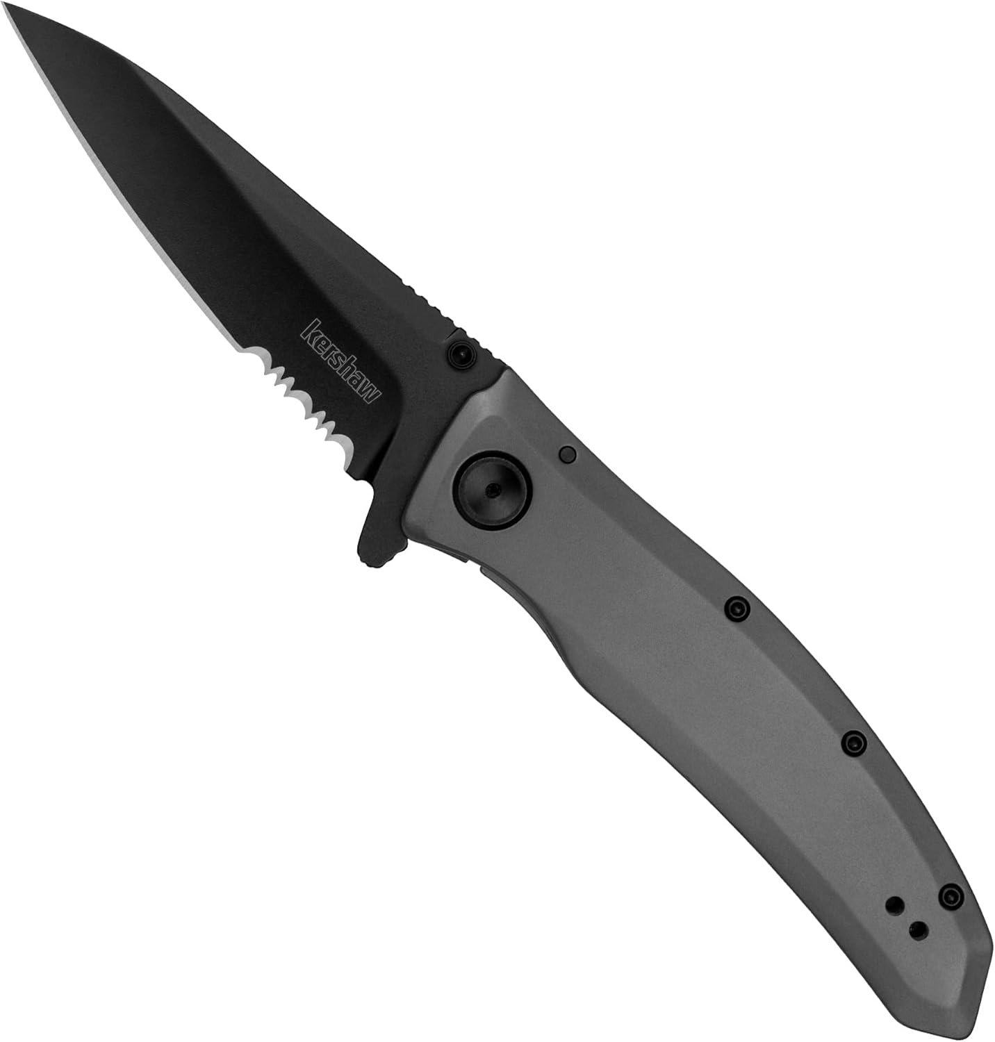 Kershaw Grid Folding Pocket Knife, 3.7 inch Black Serrated Blade, Steel Handle, Pocketclip