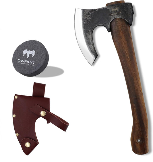 14.6" Hatchet, Camping Hatchet with Leather Sheath, Bushcraft Axe with 1065 Carbon Steel & Beech Handle, Survival Axe for Wood Splitting and Chopping - Perfect for Gardening and Outdoor