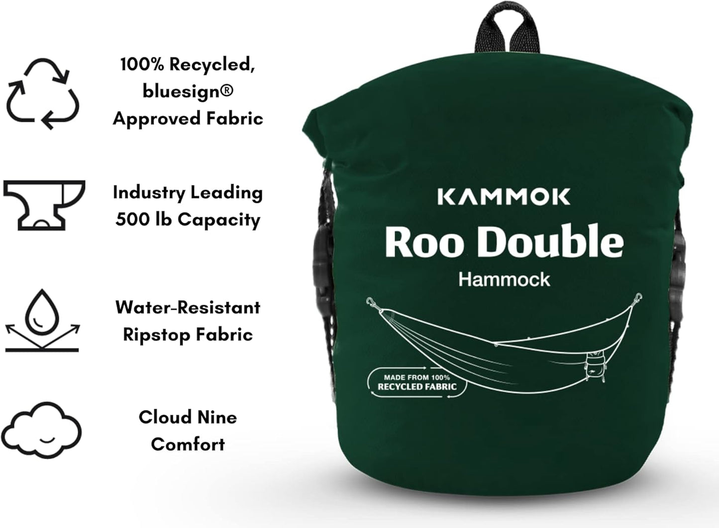 KAMMOK: Roo Double Hammock | Made from Strong & 100% Recycled Water Resistant Ripstop Fabric | Comfortable, Packable, Lightweight (Lifetime Adventure Grade Warranty), Pine Green