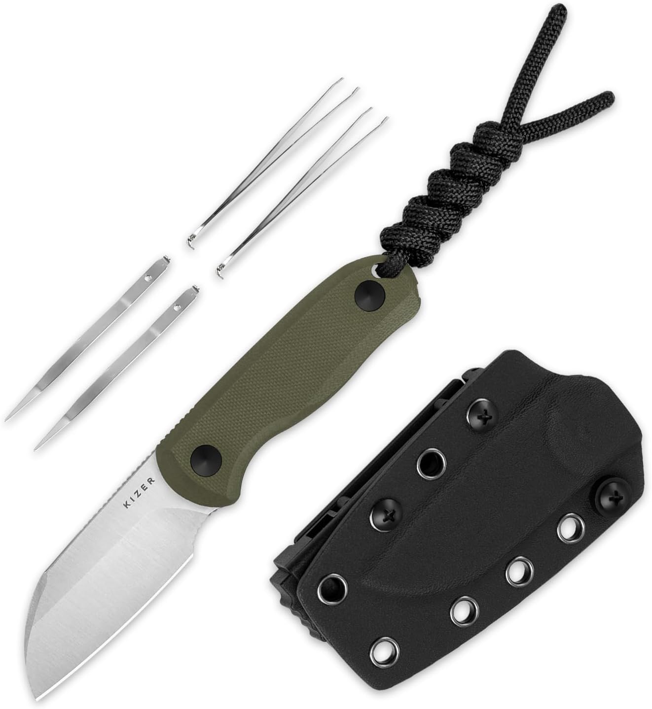 Kizer Drop Bear Fixed Blade Knife, 2.6" AEB-L Satin Blade EDC Camping Knife with Olive Green G10 Handle & Hidden Tools, Outdoor Full Tang Hunting Survival Knives with Adjustable Kydex Sheath 1093A1