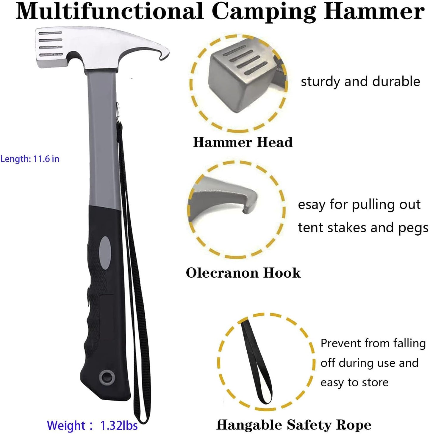 10 Pcs Heavy Duty Tent Stakes and Camping Hammer Set,10in Metal Tent Stake for Lawn,Ground and Beach,Camping Tent Kit with Tent Stakes,Hammer, Reflective Rope,Tent Clamps and Storage Bag