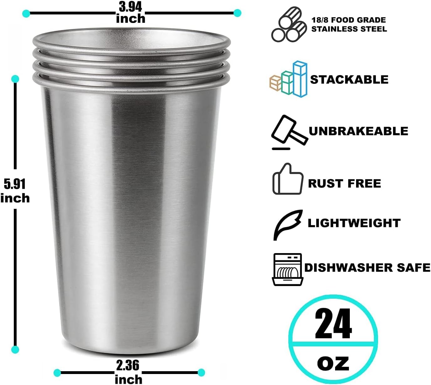 16 Pack 24oz Stainless Steel Pint Cup,Healthy Unbreakable and Stackable,Metal Drinking Glasses
