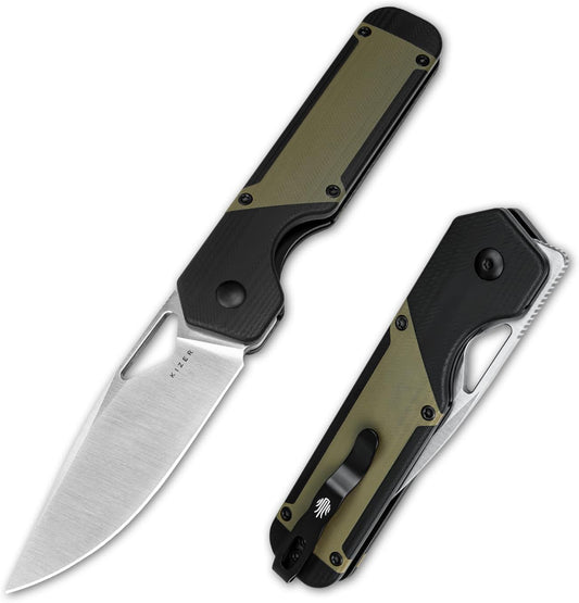 Kizer Militaw EDC Pocket Knife, 3.36'' Nitro V Blade Folding Knife, Black&Green G10 Handle with Pocket Clip, Thumb Hole & Front Flipper Opener, Camping Hunting Knife for Men Women Gift V3634M1