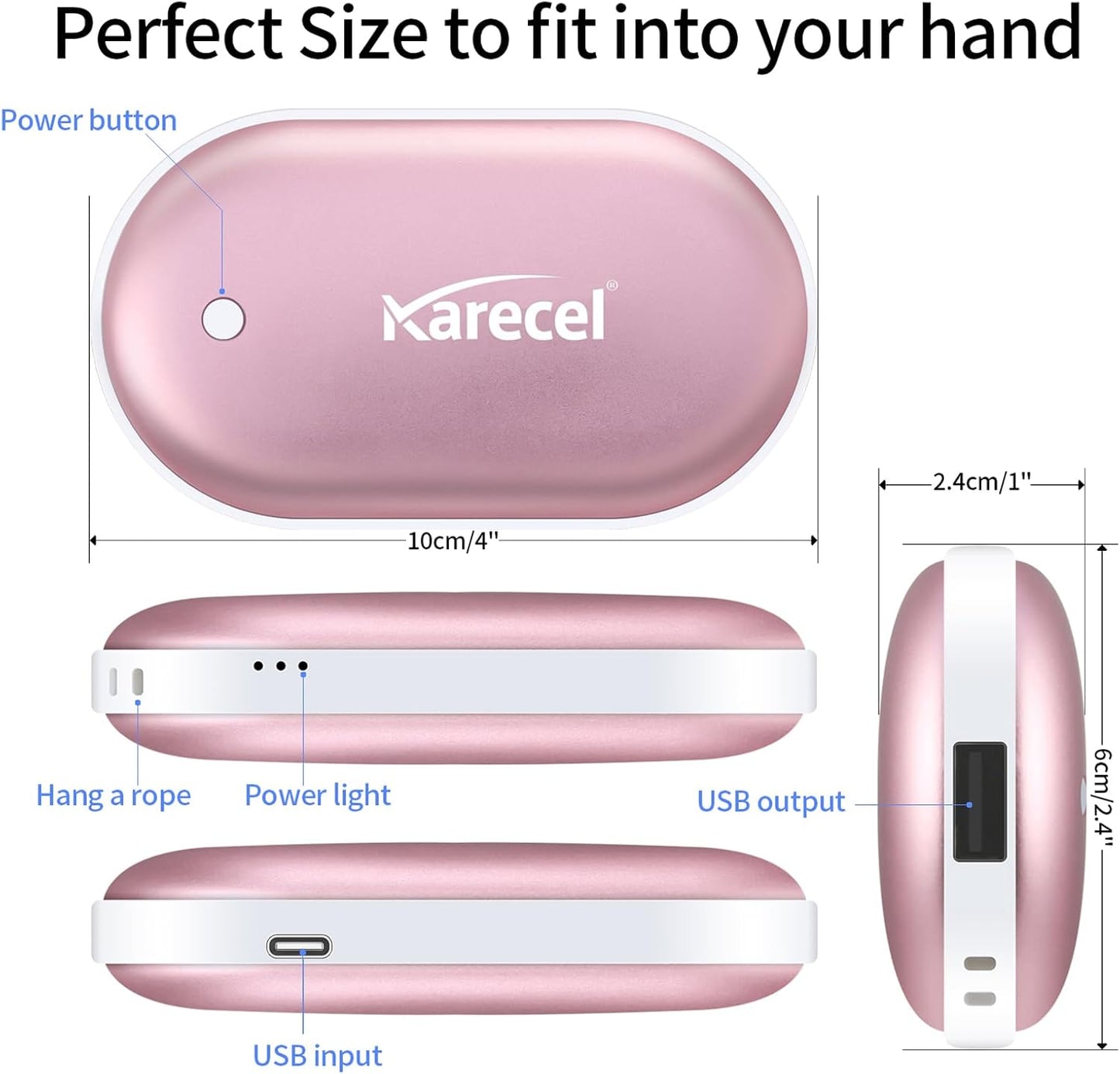 Karecel Rechargeable Hand Warmer, 5200mAh Double-Sided Instant Heating Electric Hand Warmer Power Bank, Up to 11Hrs, USB Portable Handwarmer Pocket Heater, Tech Gifts for Men Women, Winter Essentials