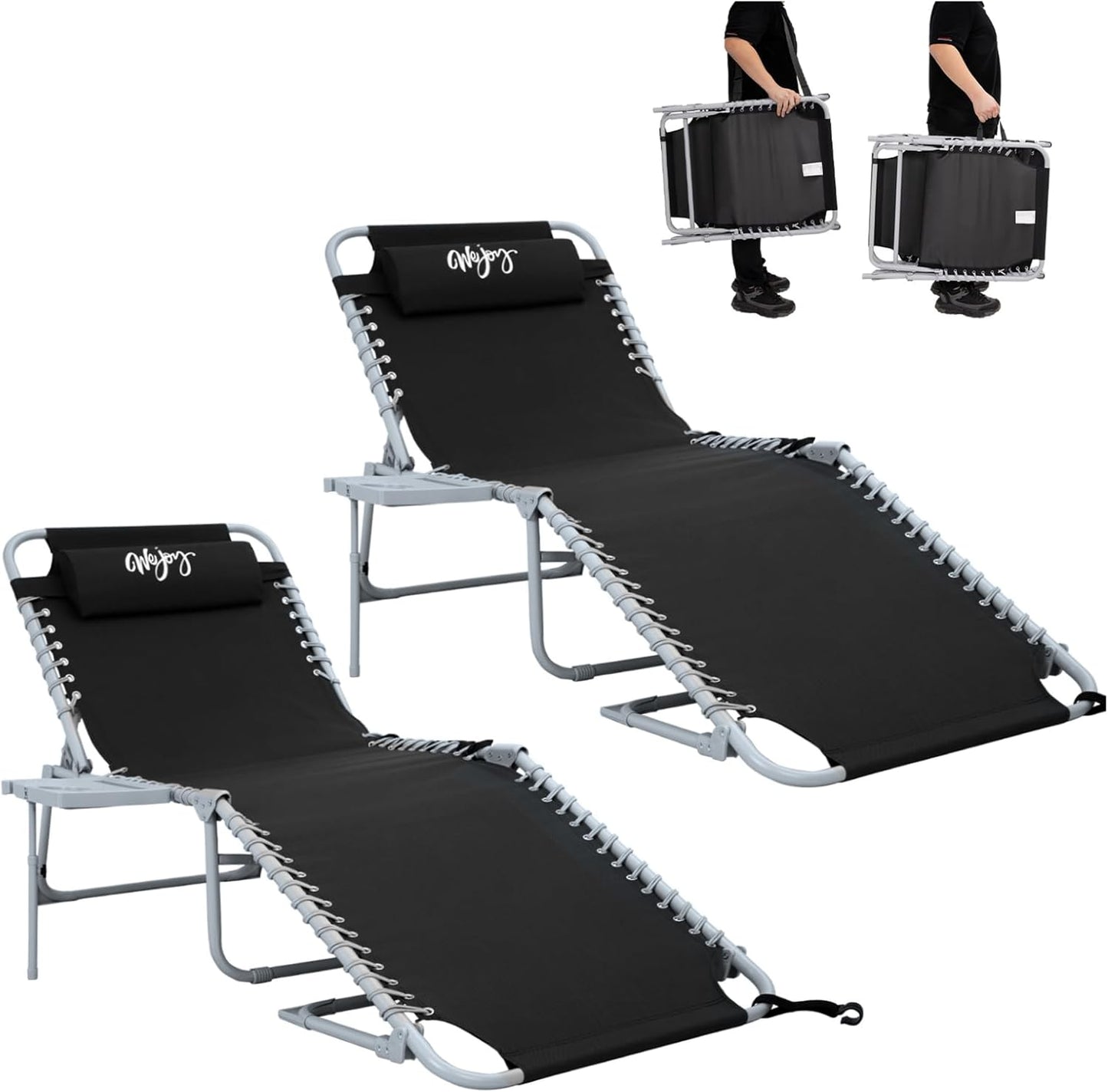 #WEJOY 2 Pack Outdoor Chaise Lounge Chair - Portable Folding Patio Pool Lounge Chair, 5 Positions Adjustable Reclining Camping Chair with Side Table,Shoulder Strap, Pillow for Beach Sunbathing Lawn