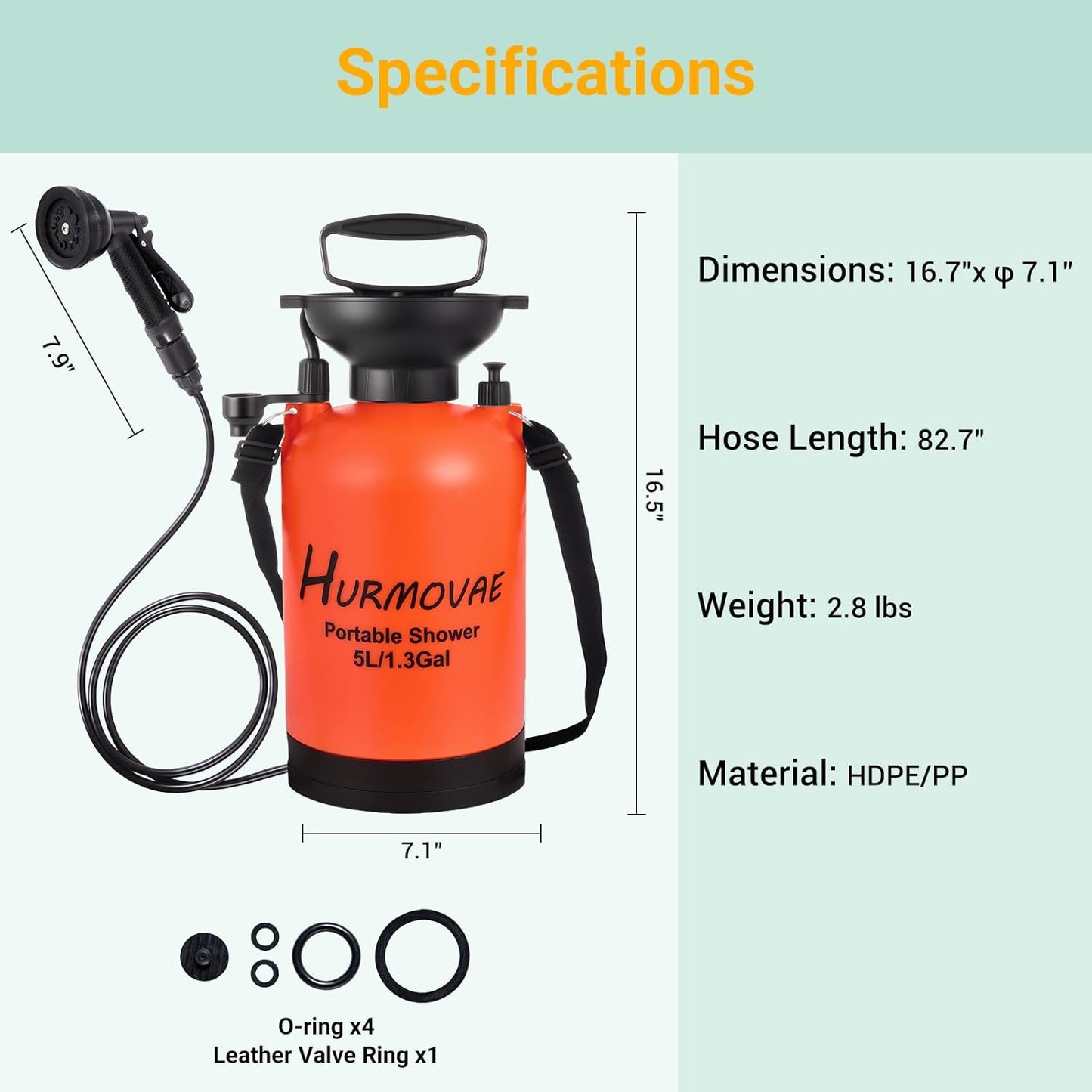 1.3 Gallon/5L Portable Shower–10 Spray Modes, Nylon Insulated Sleeve & No Electric Needed, Beach Shower for Surfing, Travel & Hiking, Portable Water Sprayer, Orange