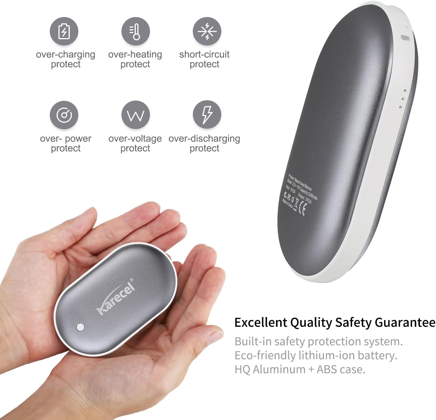 Karecel Rechargeable Hand Warmers 2 Pack, 10,400mAh Double Sided Heat Electric Hand Warmers Power Bank, Portable Pocket USB Heated Handwarmers, 4-inch Full-Surface Heat & Quick Charge, Men Tech Gifts