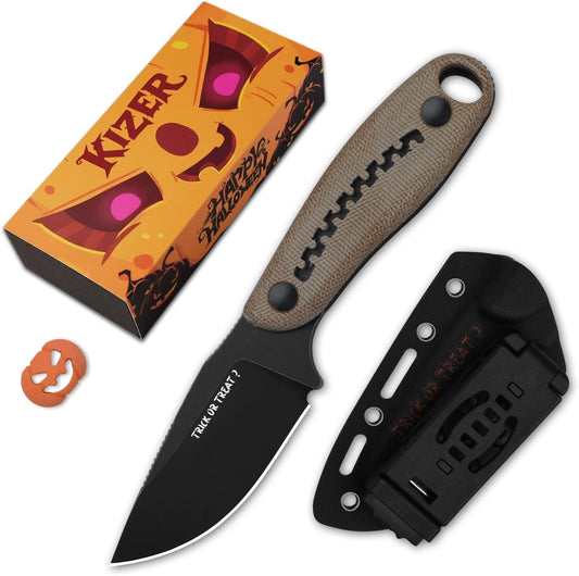 Kizer Hare Fixed Blade Knife, 3.14" Nitro V Blade Halloween EDC Hunting Knife with Brown Micarta and Black G10 Handle, Small Camping Knives with Kydex Sheath, Survival Knives for Men Women, 1077HW1
