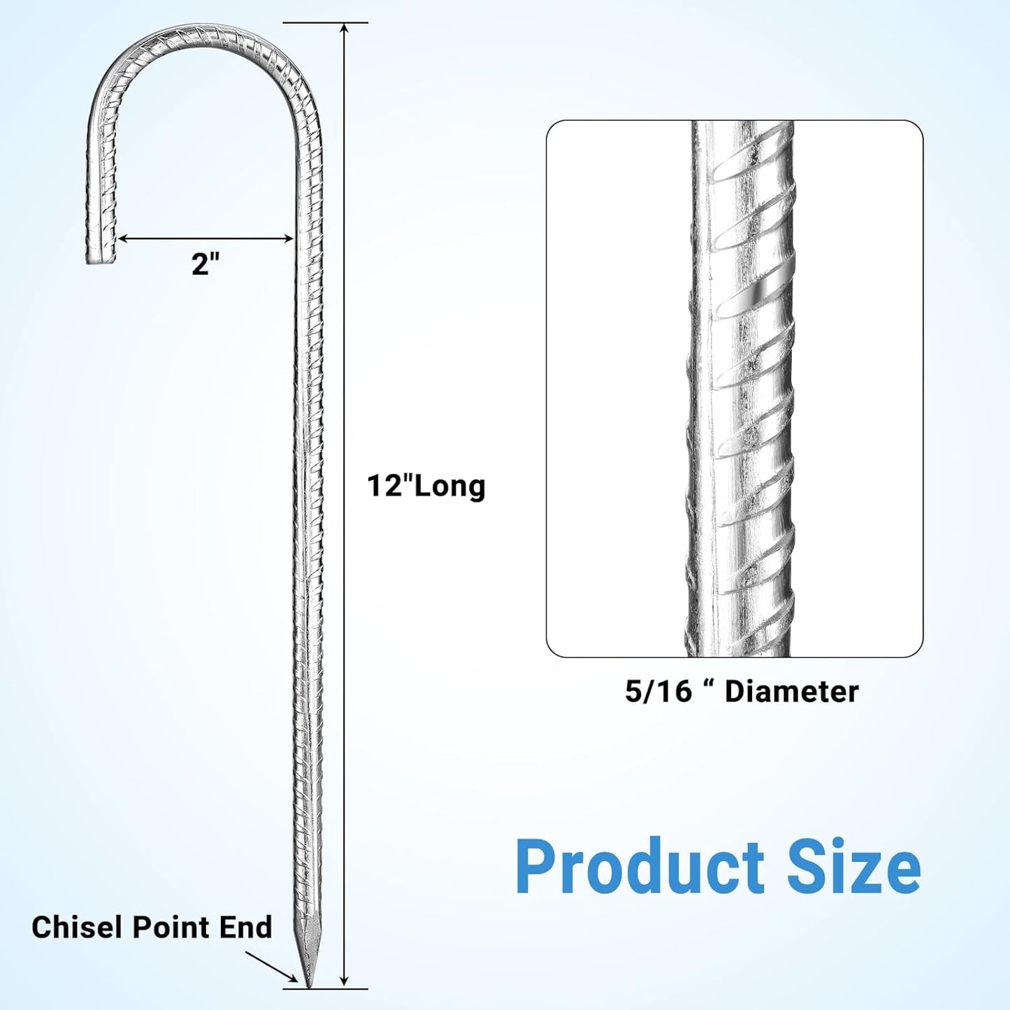 12 inch Garden Ground Stakes Galvanized Steel J Shape Hook Rebar Stakes, 12 Pack Heavy Duty Ground Anchors, Yard Stakes for Garden Rebar Stakes for Camping Tent, Anti-Rust Ground Stakes