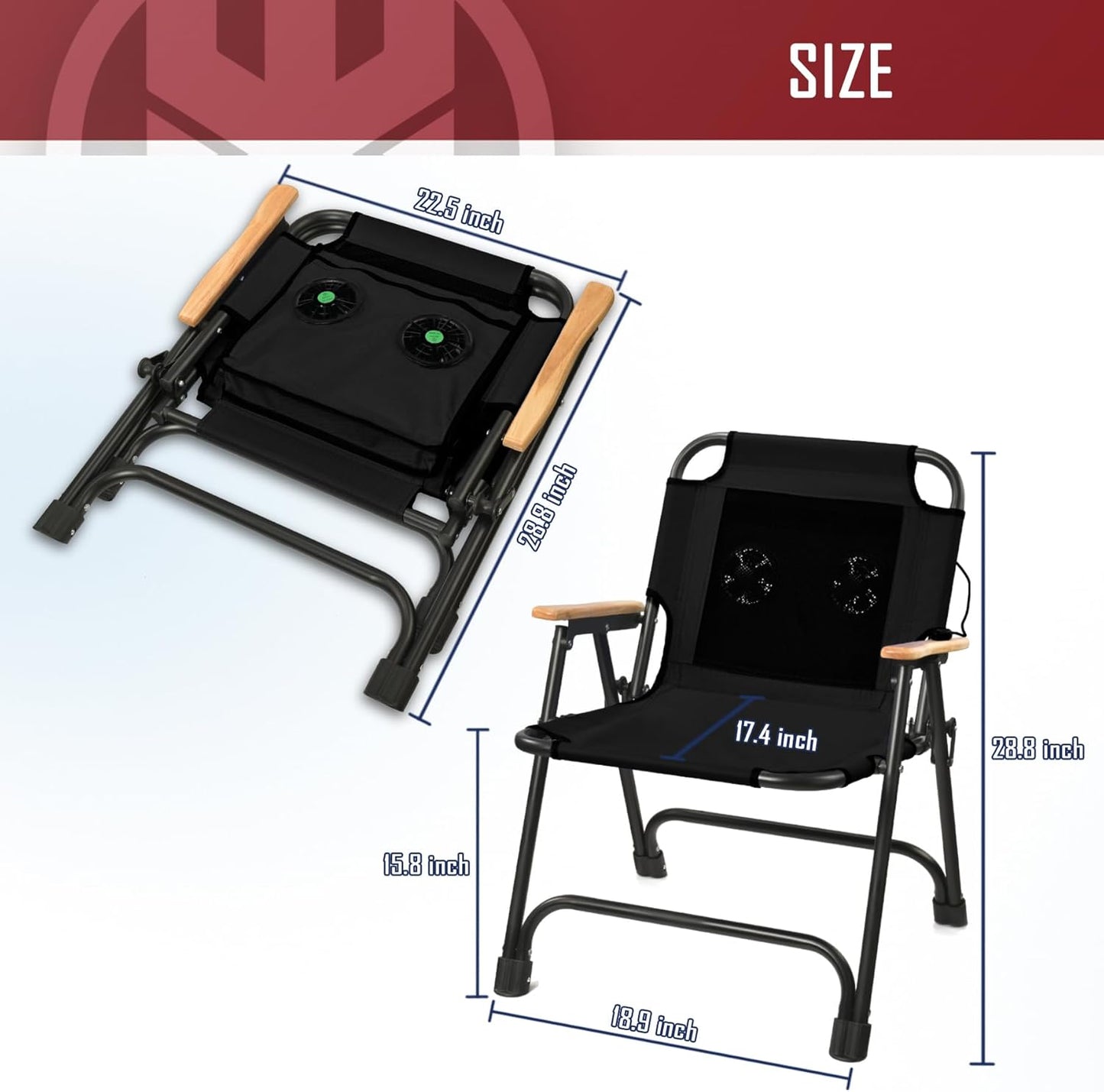 KNINE OUTDOORS Foldable Beach Chair Camping Chair with Fan, with USB-Powered Cooling System, for Camp, Beach, Fishing (Black)