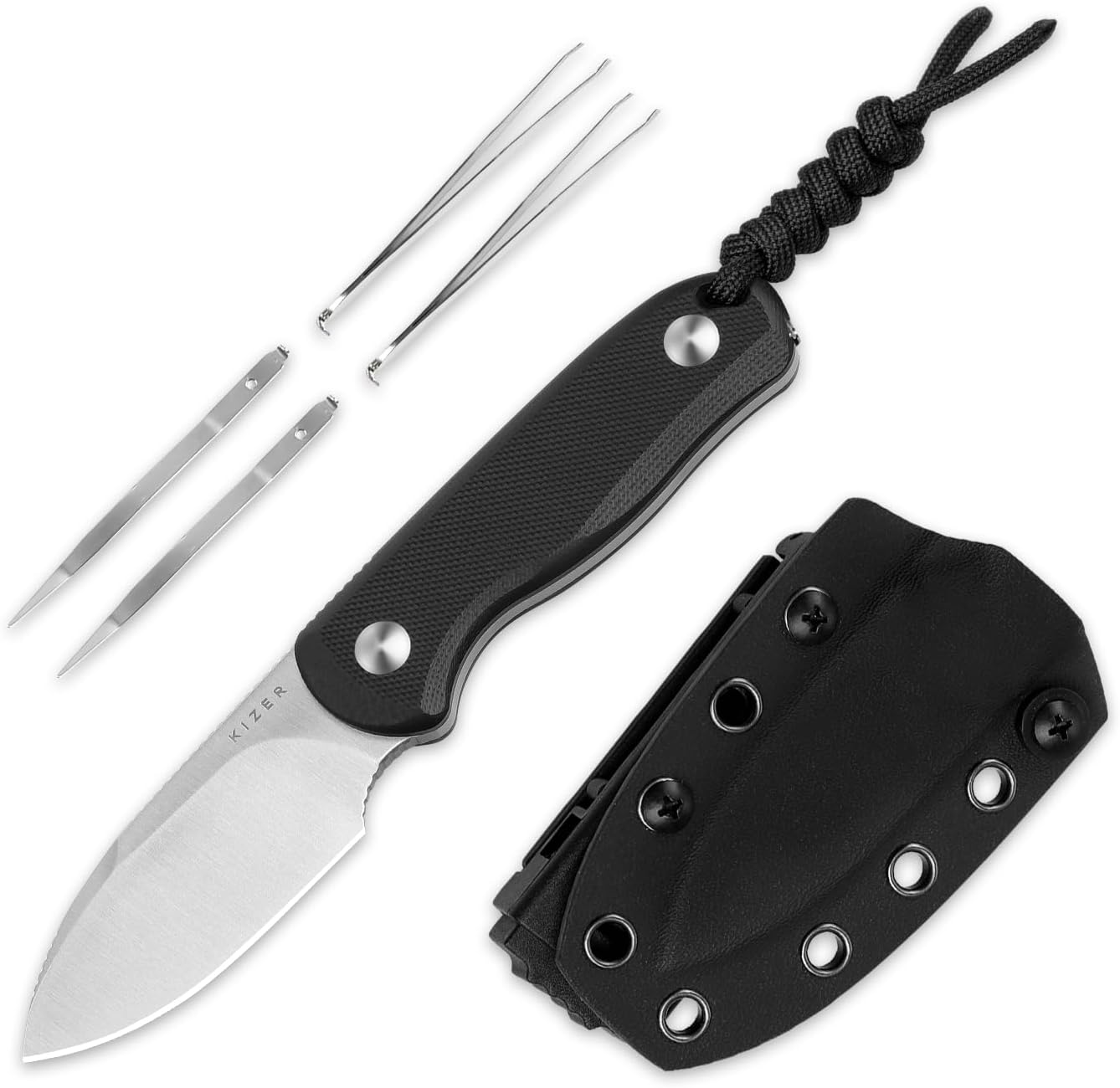 Kizer Drop Bear Fixed Blade Knife, 2.57" D2 Satin Blade EDC Camping Knife with Black G10 Handle and Hidden Tools, Outdoor Full Tang Hunting Survival Knives with Adjustable Kydex Sheath, 1094M2