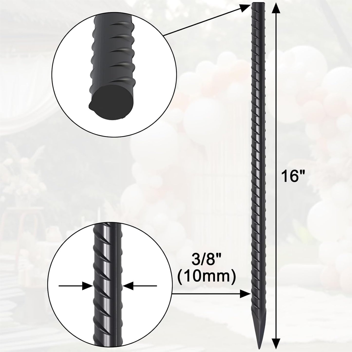16 Inch Rebar Stakes 16 Pack Heavy Duty 3/8 Inch Diameter Ground Anchors, Landscpe Timber Spikes with Chisel Point End, Straight Metal Stakes for Concrete Forming, Garden Plant, Camping Tent, Black
