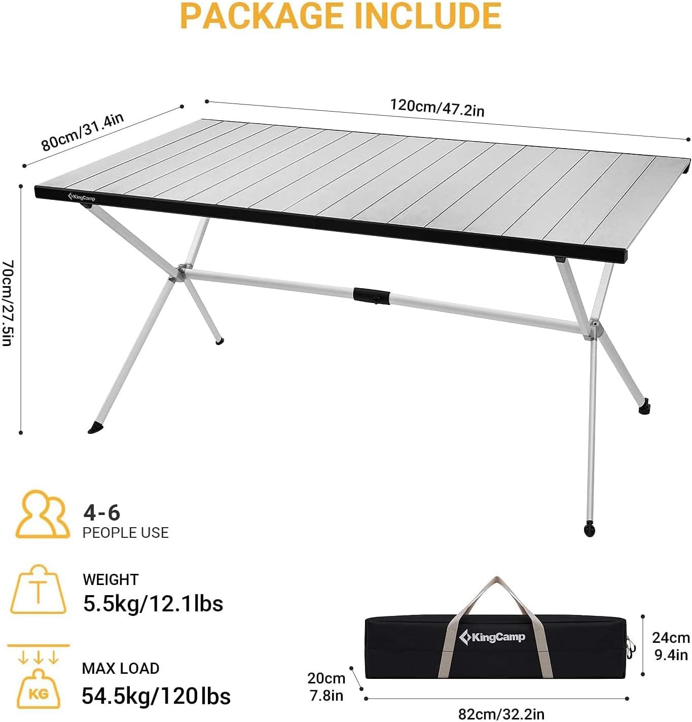 KingCamp Camping Table Roll up Aluminum Folding Table Lightweight Large Portable Foldable Camp Table for Picnic Camping Barbecue Backyard Beach Tailgate Indoor Outdoor, 4-6 Person, Support 120lbs