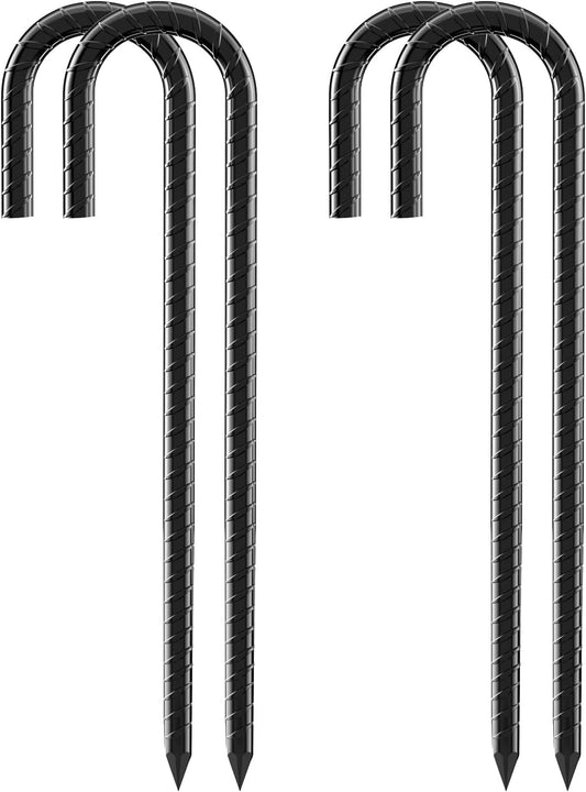 12 Inch Rebar Stakes, 4 Pack J Hook Heavy Duty Ground Stakes for Canopy Tent Trampoline and Chain Link Fence Rust Proof Coated Steel Ground Stakes Ground Anchors (Black)