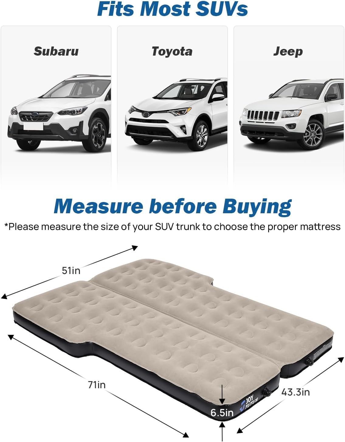 JOYTUTUS SUV Air Mattress Camping Bed,3.0 Thickened Flocking Car Camping Inflatable Mattress,Anti-Leakage,with 2 Pillows & Electric Pump Universal Car Bed for SUV Trunk and Rear Seat