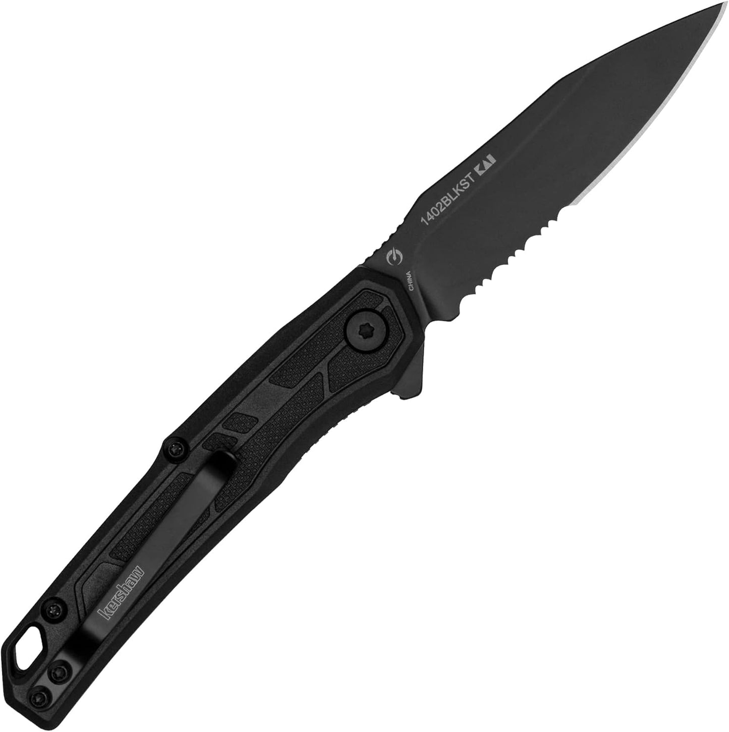 Kershaw Appa Folding Serrated Tactical Pocket Knife, Assisted Opening, 2.75 inch Serrated Black Blade and Handle, Small, Lightweight Every Day Carry