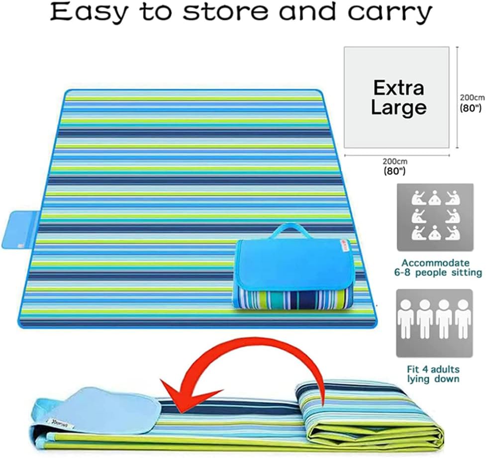 K Y KANGYUN Extra Large Picnic Blanket Outdoor Beach Blankets, Water-Resistant Foldable Sandproof Blankets Cute Picnic Mat for Beach, Camping Grass Lawn Park Mats (Blue, 80x80 in)