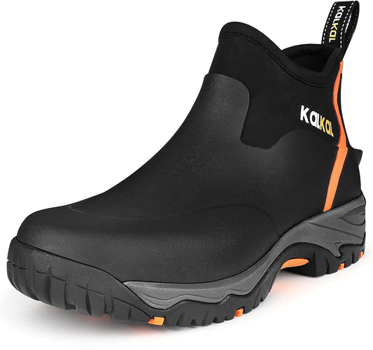 Kalkal Men's Rubber Boots, Waterproof Ankle Rain Boots, Insulated Working Booties with Comfortable Sports Sole, Outdoor Mud Boots for Yard Chore
