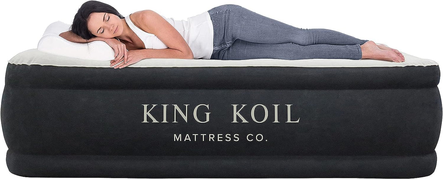 King Koil Plush Pillow Top Luxury Twin Air Mattress with Built-in High-Speed Pump for Camping, Home & Guests - 16" Airbed Inflatable Blow Up Mattress, Waterproof, 1-Year Manufacturer Warranty.