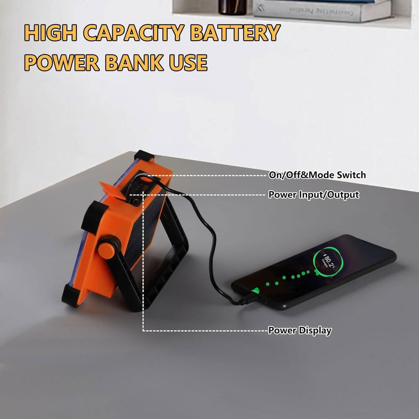 120W Solar Rechargeable Work Light, 144 LED 10000LM Portable Flood Light with Stand, IP66 Waterproof 4 Modes LED Job Site for Mechanic Camping Fishing Car Repair (Orange 1 Pack)