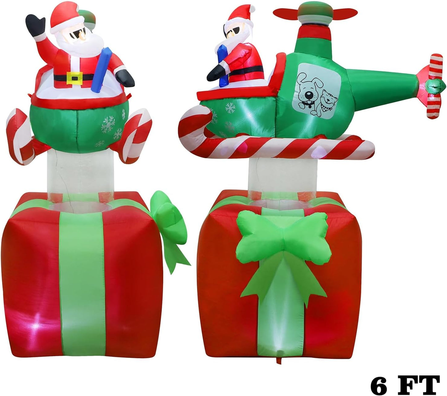 Juegoal Christmas Inflatables Outdoor Decorations, 6FT Inflatable Xmas Santa Claus with Helicopter on Gift Box, Lighted Blow Up Santa Flying Airplane, Built in Light for Holiday Lawn Yard Garden Decor