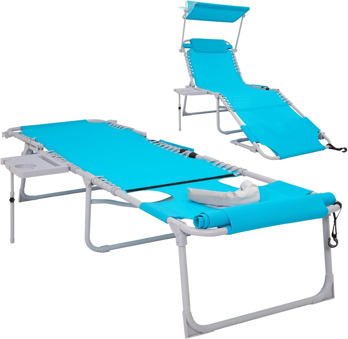 #WEJOY 4 in 1 Tanning Chair with Face Hole & Canopy & Side Table, 5 Positions Adjustable Folding Waterproof Facedown Chaise Lounge with Pillow Quick Dry for Beach Pool Outdoor Camping Patio (Blue)