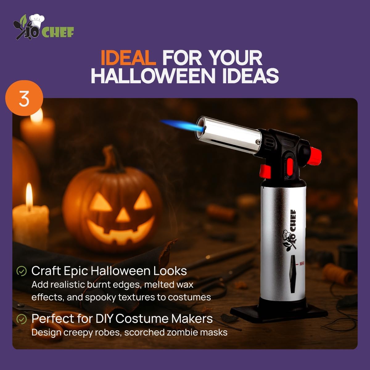 Jo Chef Kitchen Torch With Butane included, Refillable Butane Torch, Creme Brulee Torch, Blow Torch Lighter gun With Safety Lock & Adjustable Flame, 3 Cans (3.38oz) Included
