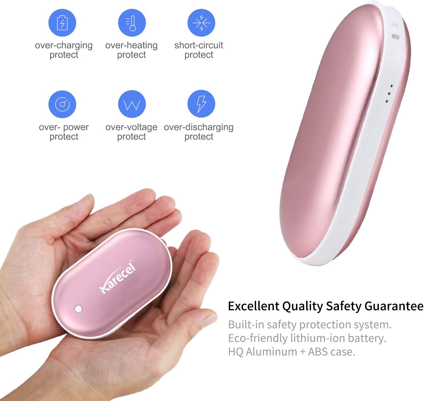 Karecel Rechargeable Hand Warmers 2 Pack, 10,400mAh Double Sided Heat Electric Hand Warmers Power Bank, Portable Pocket USB Heated Handwarmers, 4-inch Full-Surface Heat & Quick Charge, Men Tech Gifts