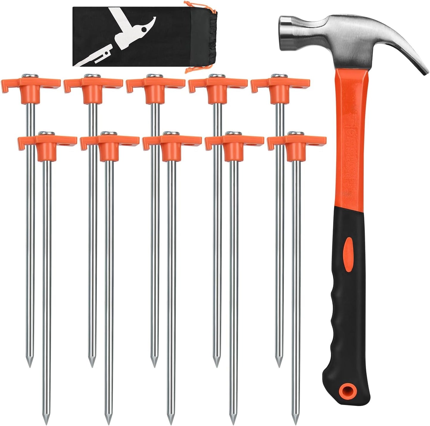 10 Pack 10in Heavy Duty Tent Stakes and Hammer Set, with Storage Pouch, for Outdoor Camping Tent, Tarp, Canopy, Picnic, Shade