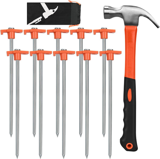10 Pack 10in Heavy Duty Tent Stakes and Hammer Set, with Storage Pouch, for Outdoor Camping Tent, Tarp, Canopy, Picnic, Shade