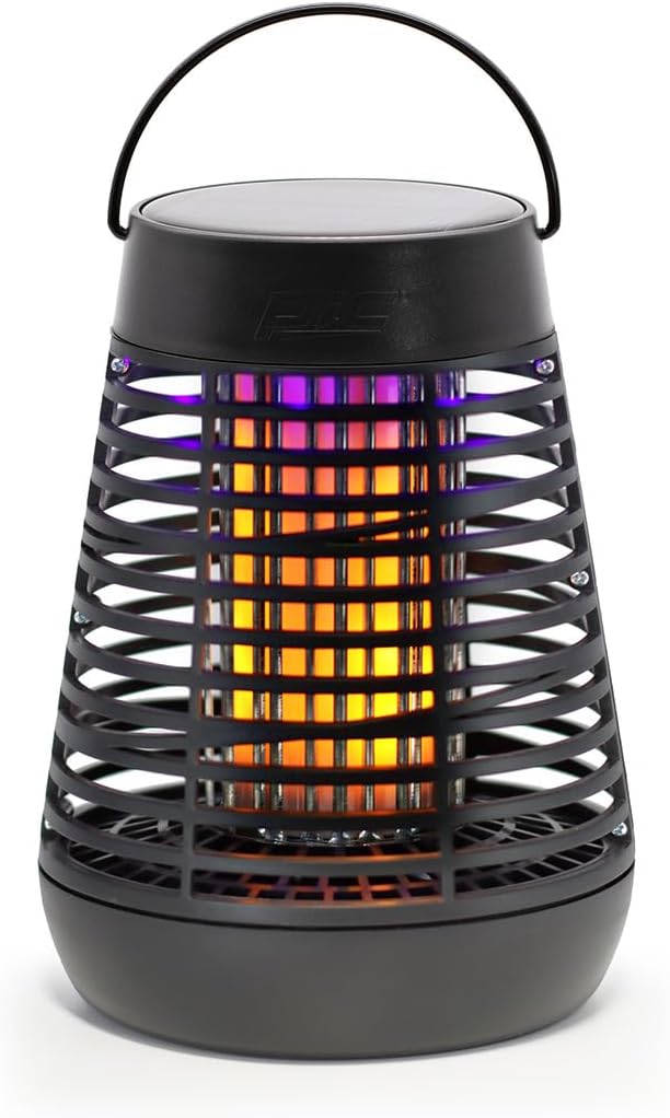 PIC Portable Bug Zapper, 600V Solar Powered Insect Trap & Fly Zapper for Outdoor Use, LED Flickering Flame, Activates Automatically in Dark, Weatherproof Outdoor Fly Trap, Kills Bugs on Contact