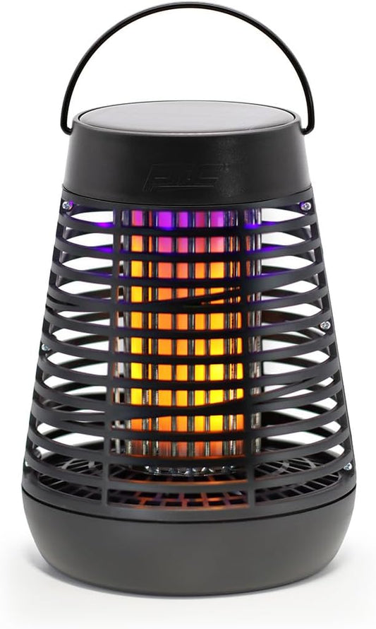 PIC Portable Bug Zapper, 600V Solar Powered Insect Trap & Fly Zapper for Outdoor Use, LED Flickering Flame, Activates Automatically in Dark, Weatherproof Outdoor Fly Trap, Kills Bugs on Contact