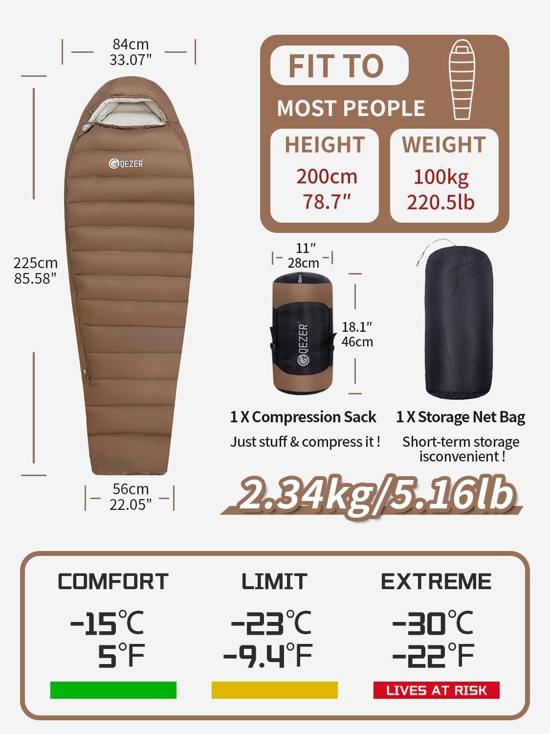0 Degree Sleeping Bag for Adults 650 Fill Power Down Sleeping Bag for Cold Weather -20F / -8F / 0F / 10F Large Lightweight