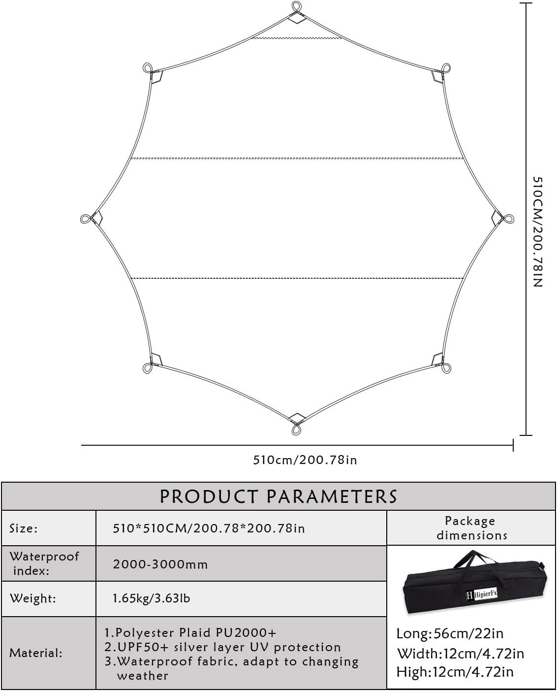 16x16 ft Large Camping Tarp Waterproof Hammock Rain Fly Camping Awning Sun Shelter (Without Pole) (Black)