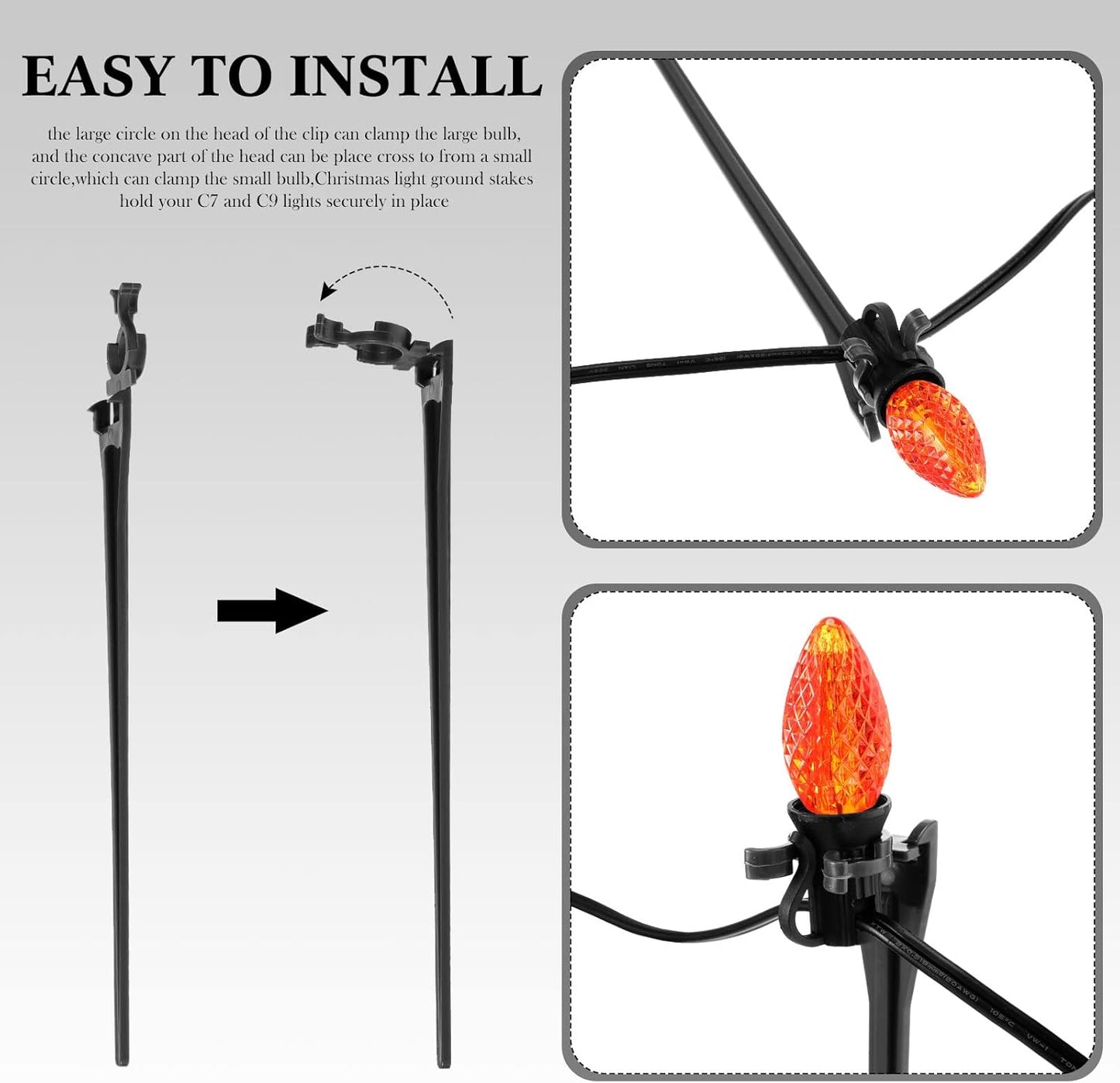 Jetec 200 Pieces Christmas Light Stakes Universal Yard Lawn Holiday 7.5 Inches Light Ground Stakes for C7 C9 String Lights Christmas Outdoor Lights Holders on Yards, Driveways (Black)