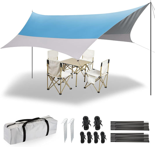 12X14FT Camping Tarp with 2 Poles, UV UPF50+ Lightweight Car Awning Sun Shelter, PU3000 Waterproof Tarp for Camping, Hiking and Backpacking Trips