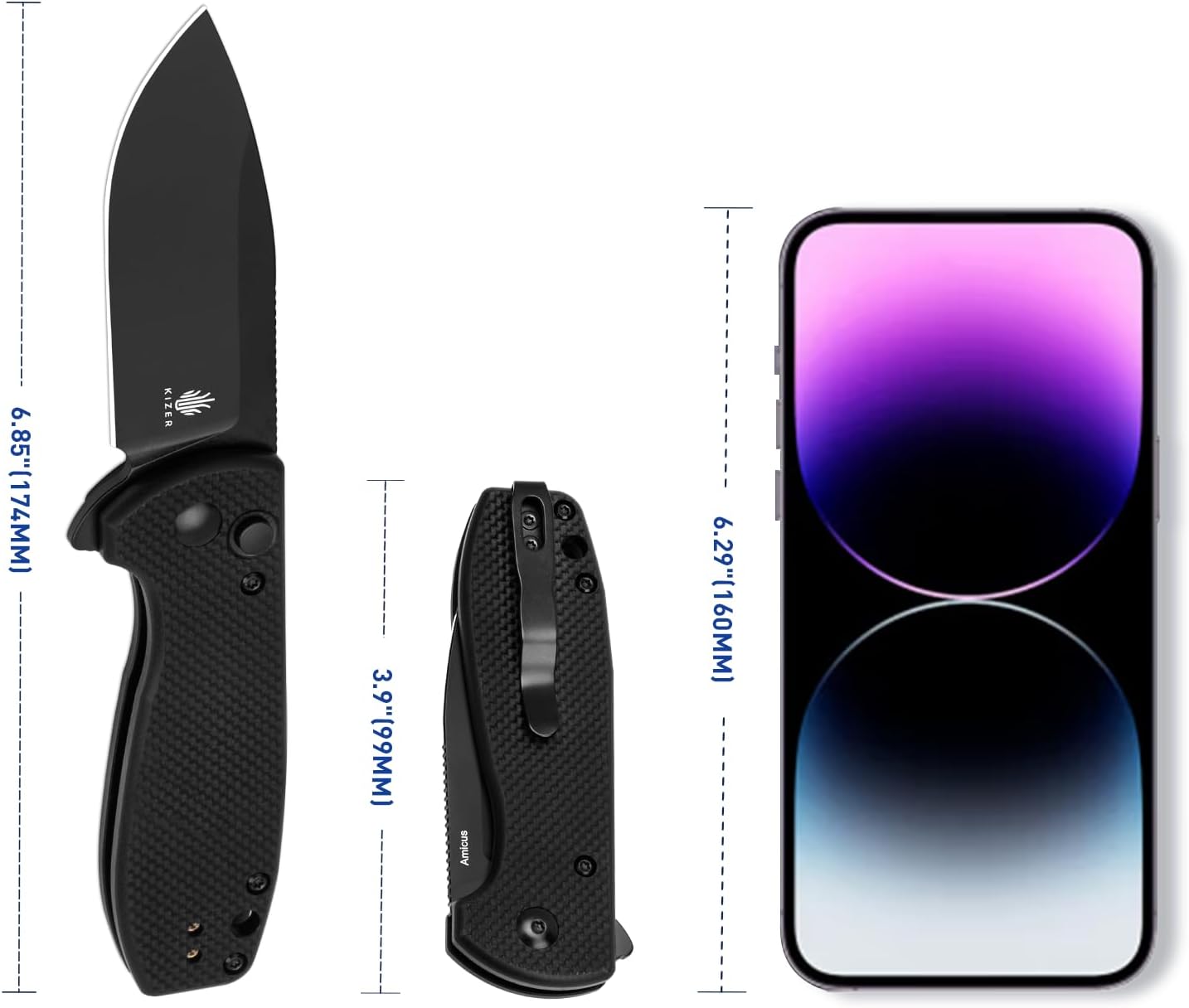 Kizer Amicus Small Pocket Knife, 2.95 Inches 9Cr18MoV Steel Blade, Black G10 Handle Folding EDC Knife L3002A1