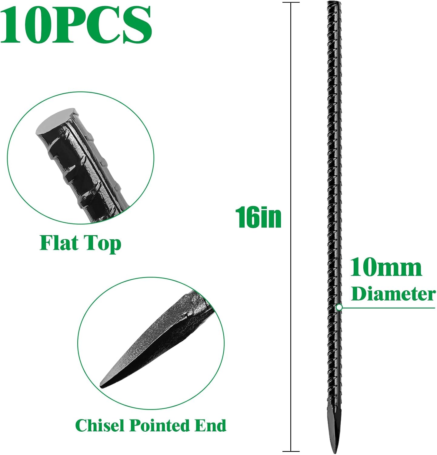 16 Inch Rebar Stakes,10 Packs Heavy Duty Metal I Hook Garden Ground Stakes for Camping Tent Canopy or Supporting for Garden Landscapes Fences Stakes (I Shape-Black, I-16 x3/8"-10pcs)