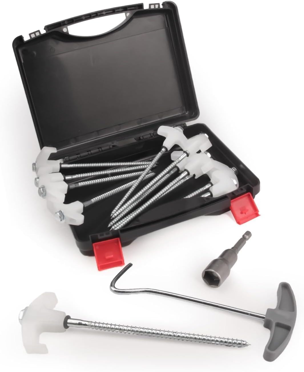 12 Pcs Tent Stakes Heavy Duty, 8 in Ground Anchors Screw in, Grow in the Dark Screw in Tent Stakes, Camping Stakes with Storage Box, Threaded Tent Spikes with Hex Head Driver and Stake Puller