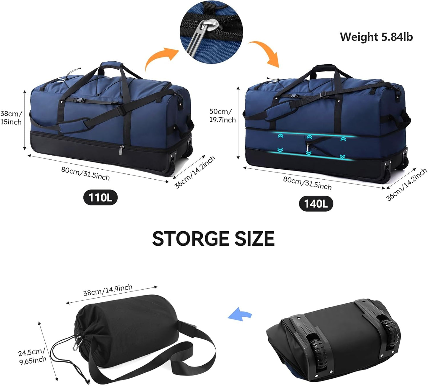 110L/140L Expandable Soft-Sided Foldable Duffle Bag with 2 Rubber Wheels,Packable 32” Rolling Carry-On with Multi-Pockets & Compartments,Navy Blue