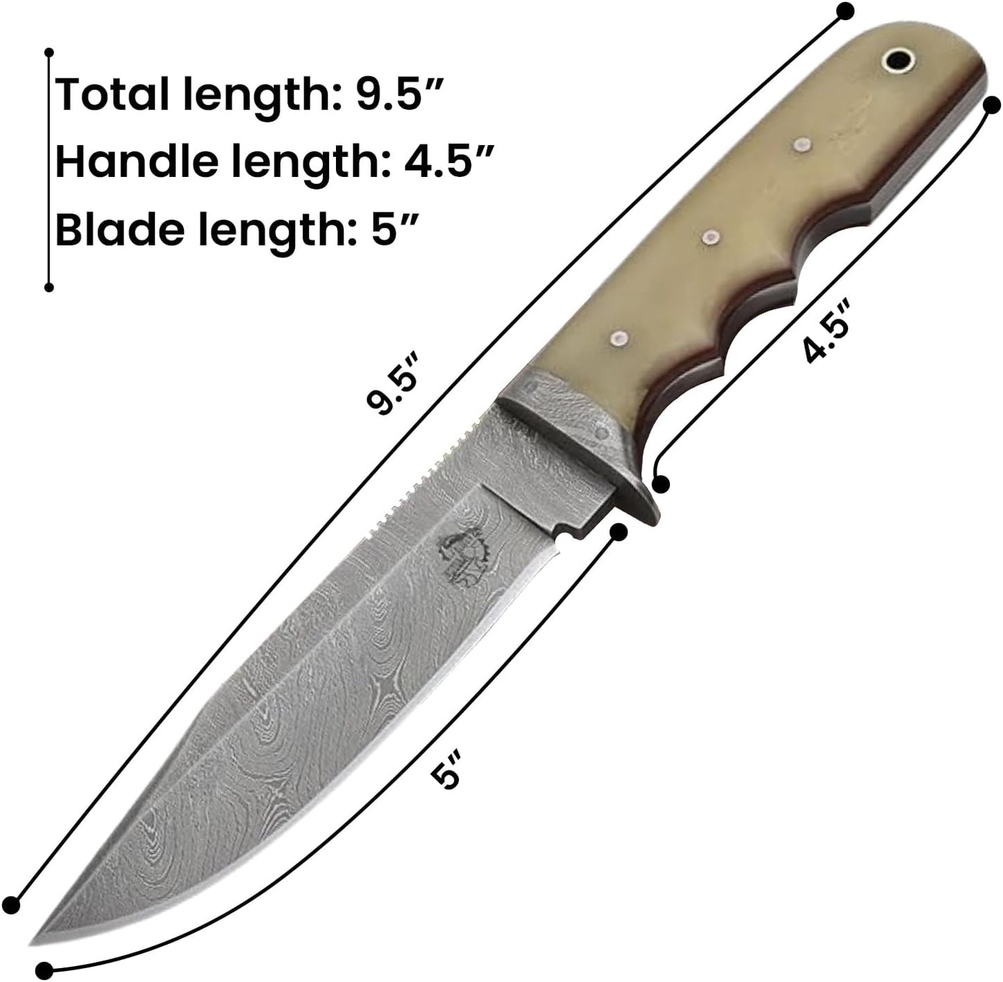 Knives Ranch 9-1/2" Handmade Hunting Knfie - Full Tang Camping Knife - Damascus Bushcraft Knife - Cattle Bone Handle - Heavy-duty Leather Sheath (2151-B)