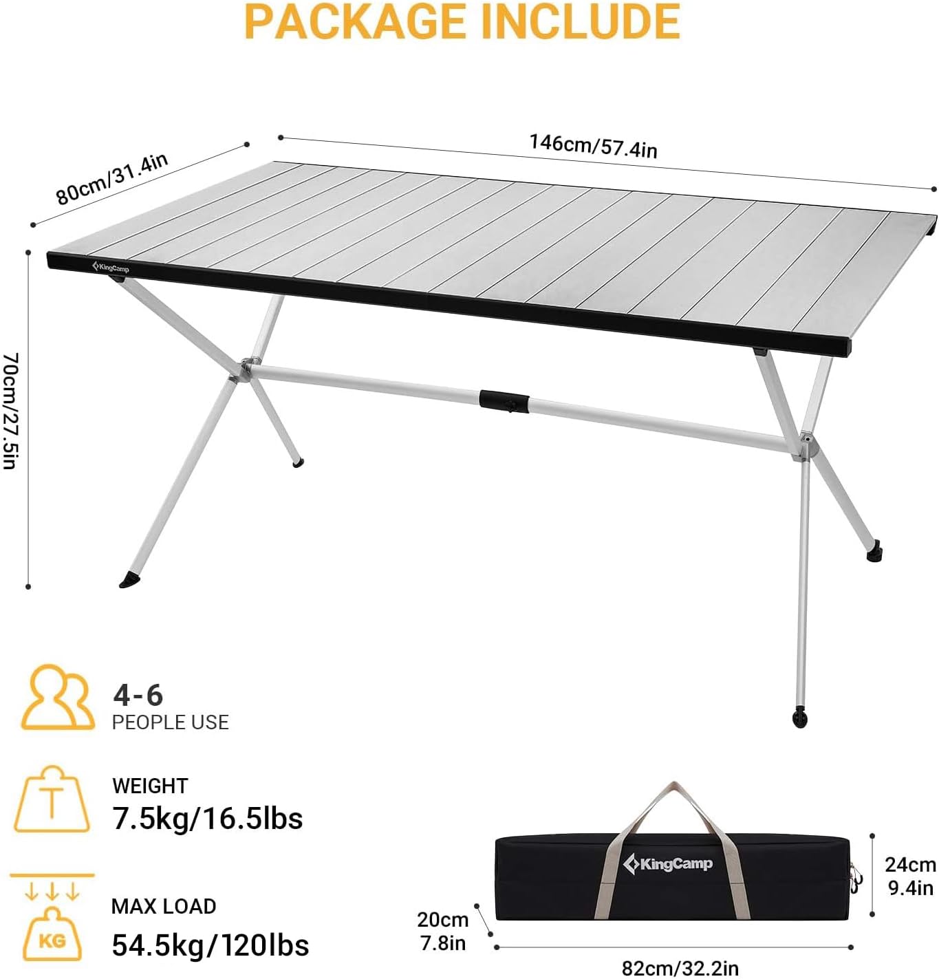 KingCamp Folding Camping Table Aluminum Roll Up Table Oversized Large Camp Table Stable Portable Outdoor Folding Table for Picnic Camping Barbecue Backyard Party,57.4''×31.4''4-6 Person,Support 120lbs