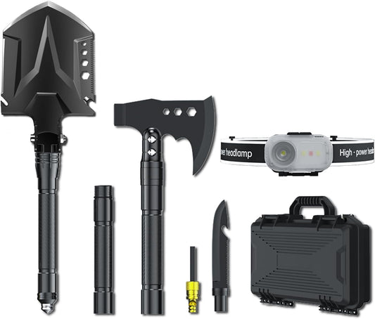 Jbox Shovel Axe Set, High Carbon Steel Folding Shovel with Adjustable 19.2-37.8 Inch Handle, Multi-Tool for Camping, Hiking, Cycling & Emergency, Includes Headlamp, Tactical Outdoor Gear