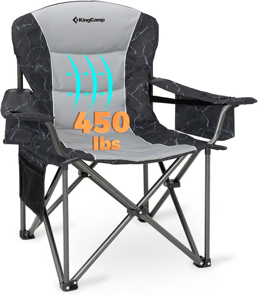 KingCamp Oversized Camping Folding Chair, Heavy Duty 450 LBS with Lumbar Support, Padded seat with Cup Holder&Cooler Bag, Ideal for Camp, Fishing, Sports Event, Backyard, Patio, Lawn (Lava Grey)